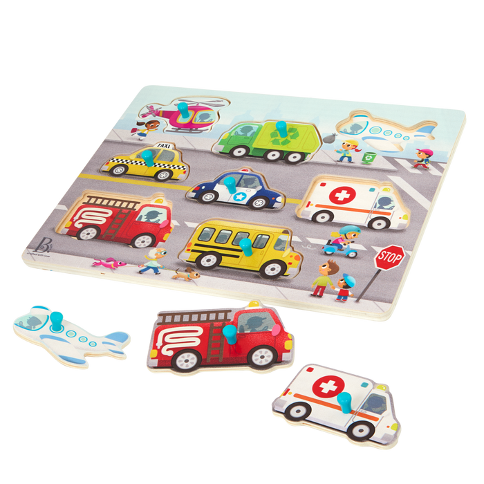 Peg puzzle with vehicles.