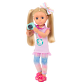 14-inch posable doll with blonde hair and purple eyes holding camera