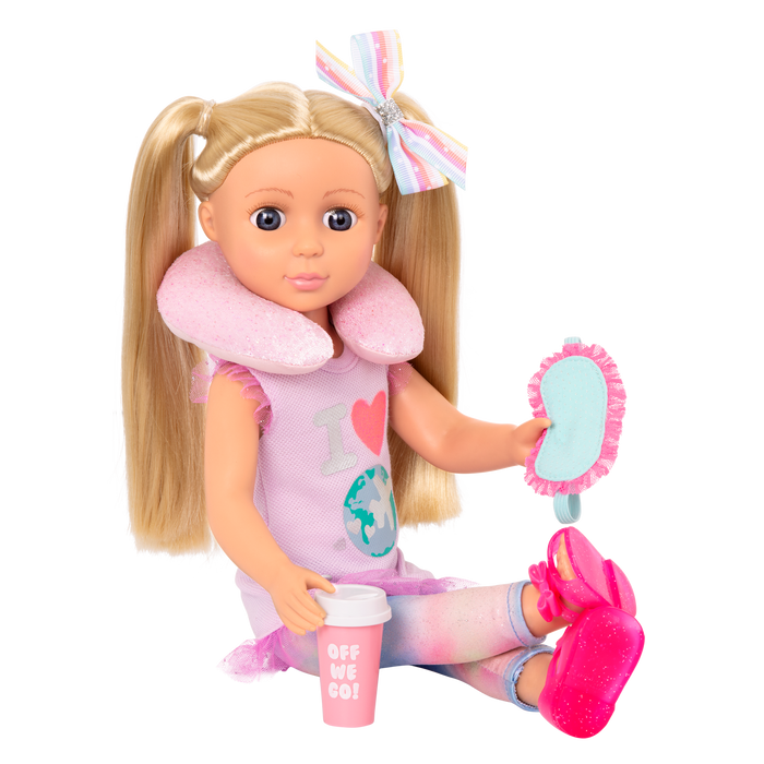 14-inch posable doll with blonde hair and purple eyes holding camera