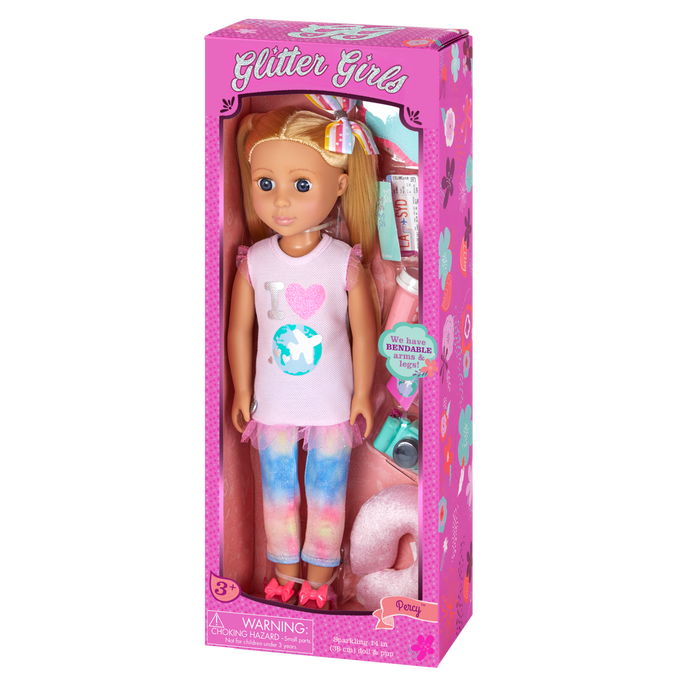 14-inch posable doll with blonde hair and purple eyes holding camera