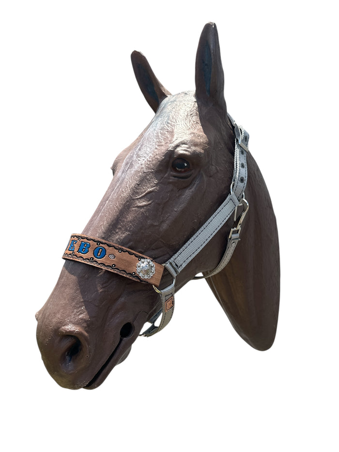 PERSONALIZED   nylon horse halter silver grey.