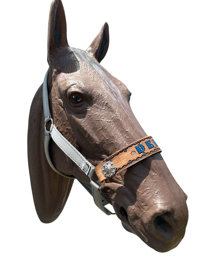 PERSONALIZED   nylon horse halter silver grey.