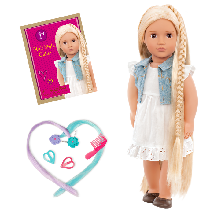 18-inch doll with blonde hair, brown eyes and extensions