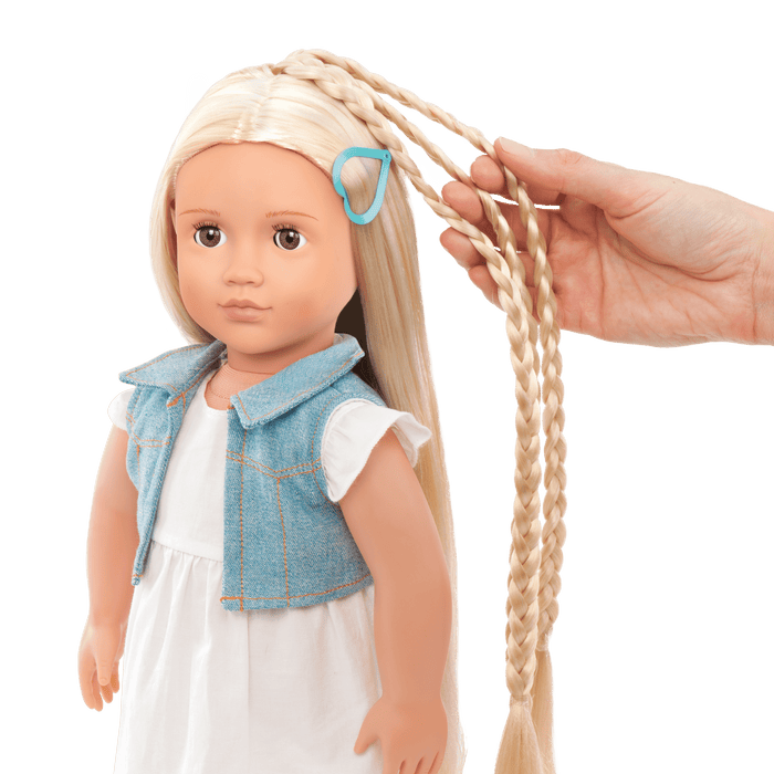 18-inch doll with blonde hair, brown eyes and extensions