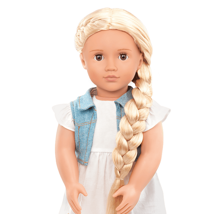 18-inch doll with blonde hair, brown eyes and extensions