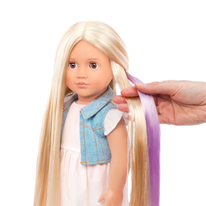 18-inch doll with blonde hair, brown eyes and extensions