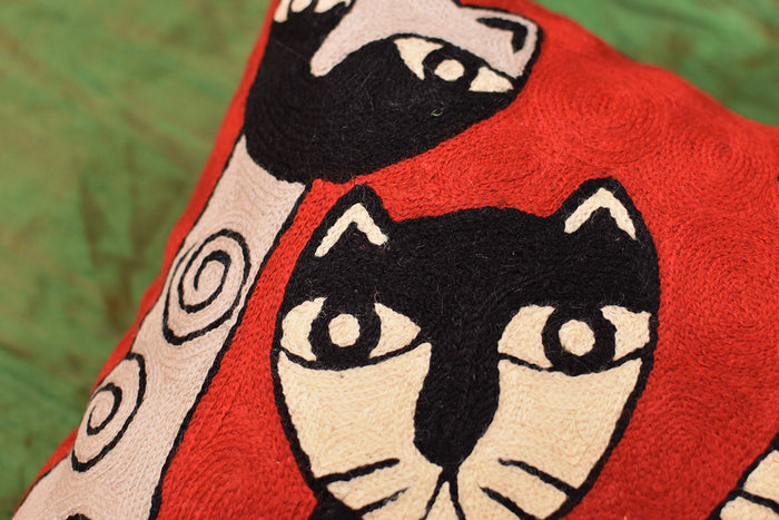 Picasso Red Cat Quadruplets Decorative Pillow Cover Handembroidered Wool 18"x18" - KashmirDesigns