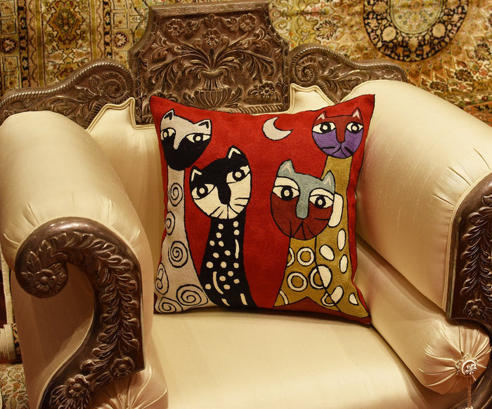 Picasso Red Cat Quadruplets Decorative Pillow Cover Handembroidered Wool 18"x18" - KashmirDesigns