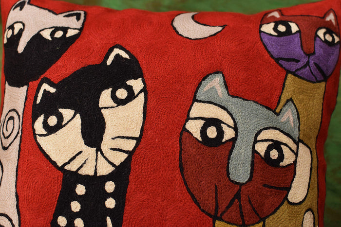 Picasso Red Cat Quadruplets Decorative Pillow Cover Handembroidered Wool 18"x18" - KashmirDesigns