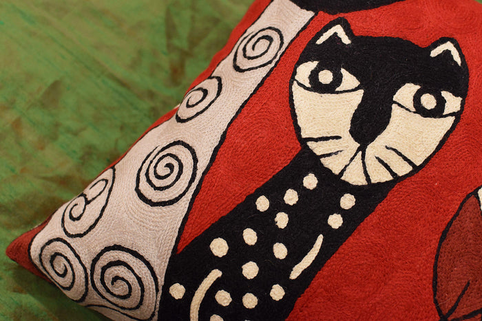 Picasso Red Cat Quadruplets Decorative Pillow Cover Handembroidered Wool 18"x18" - KashmirDesigns
