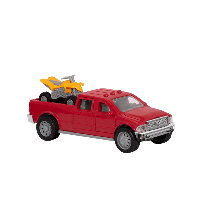 Small Micro Series Red toy pick-up truck and yellow ATV