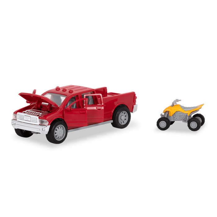 Small Micro Series Red toy pick-up truck and yellow ATV