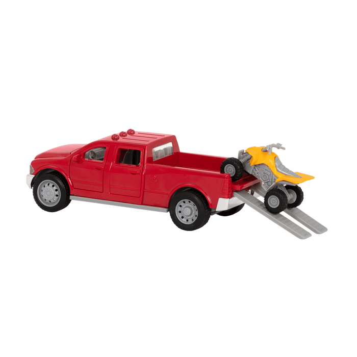 Small Micro Series Red toy pick-up truck and yellow ATV