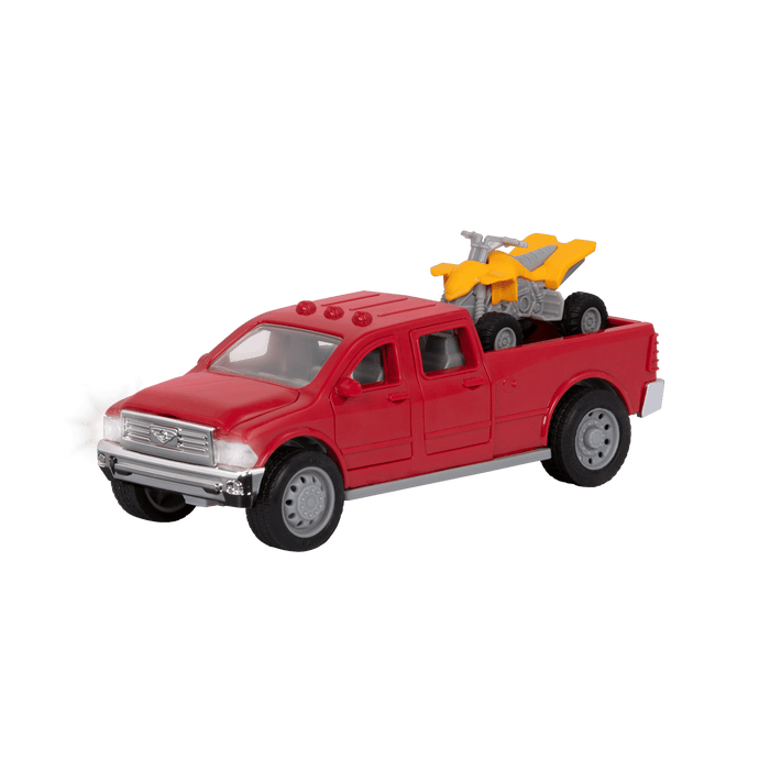 Small Micro Series Red toy pick-up truck and yellow ATV
