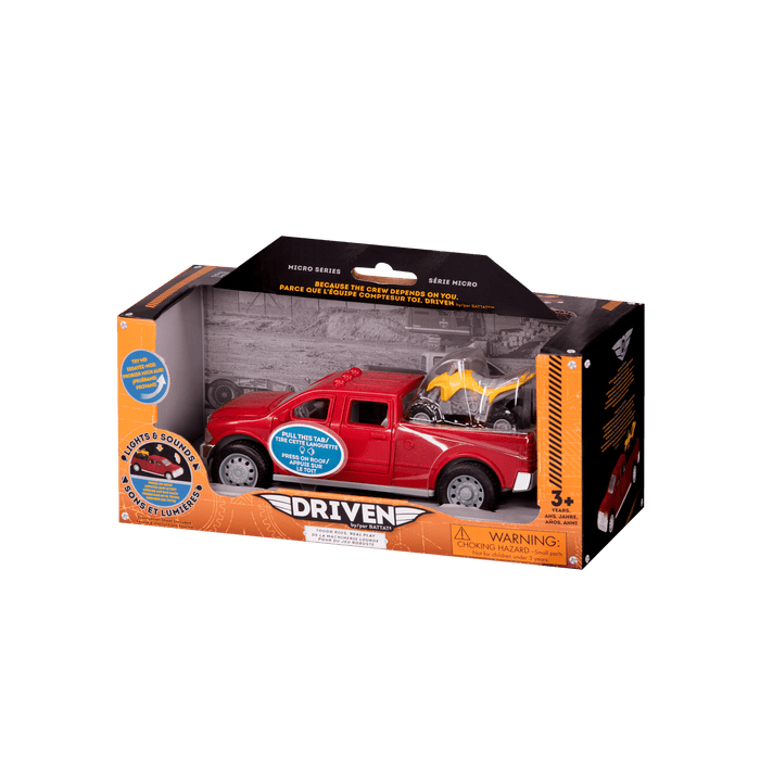 Small Micro Series Red toy pick-up truck and yellow ATV