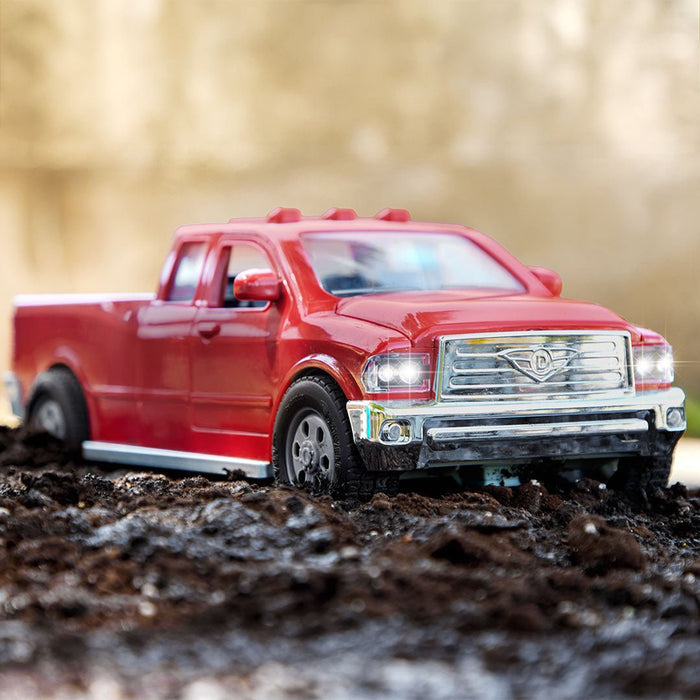 Small Micro Series Red toy pick-up truck and yellow ATV