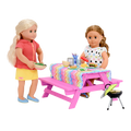 Two 18-inch dolls with picnic table playset