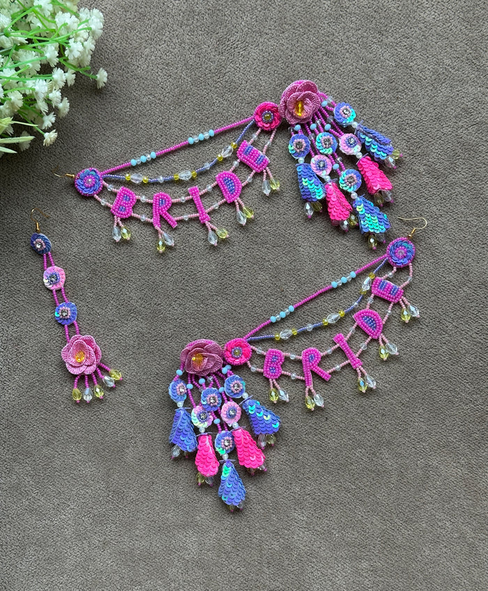 Pink & Blue Floral BRIDE Earring Tikka Set