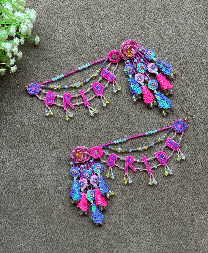 Pink & Blue Floral BRIDE Earring Tikka Set