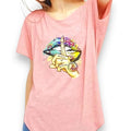 Pink Words of Wisdom Short Sleeve Tee with colorful peace sign and lips graphic on soft stretch fabric