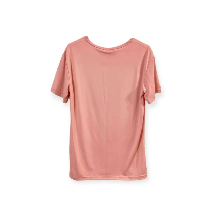 Pink Words of Wisdom Short Sleeve Tee with colorful peace sign and lips graphic on soft stretch fabric
