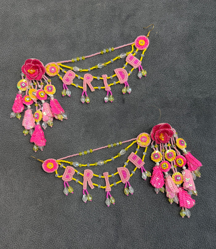 Pink & Yellow Floral BRIDE Earring Tikka Set