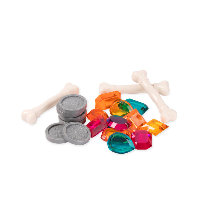 Toy treasure chest with pirate-themed pool toys.IPool and diving toys, including pretend gems, coins, bones, and more.IBlue and green toy treasure chest with pirate-themed pool toys.