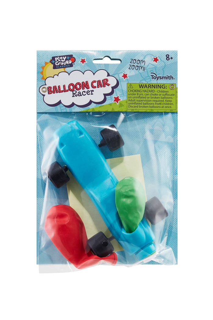 The Playground Classics Balloon Car Racer includes a blue plastic car and three balloons (red, green, yellow). The colorful box promotes air-powered fun for kids ages 8+, with a warning label. Brand: Playground Classics.
