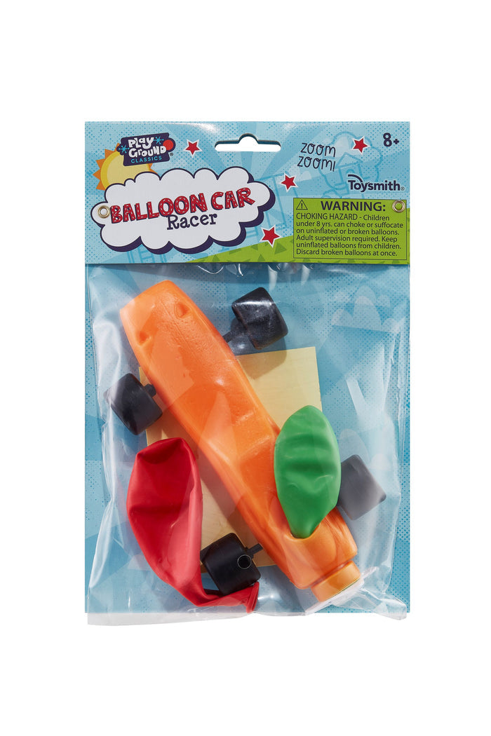 The Playground Classics Balloon Car Racer by Playground Classics is a toy set with an orange car, four black wheels, colorful balloons (red, green, yellow, black), plus product info and safety label—ideal for kids to explore air-powered motion.