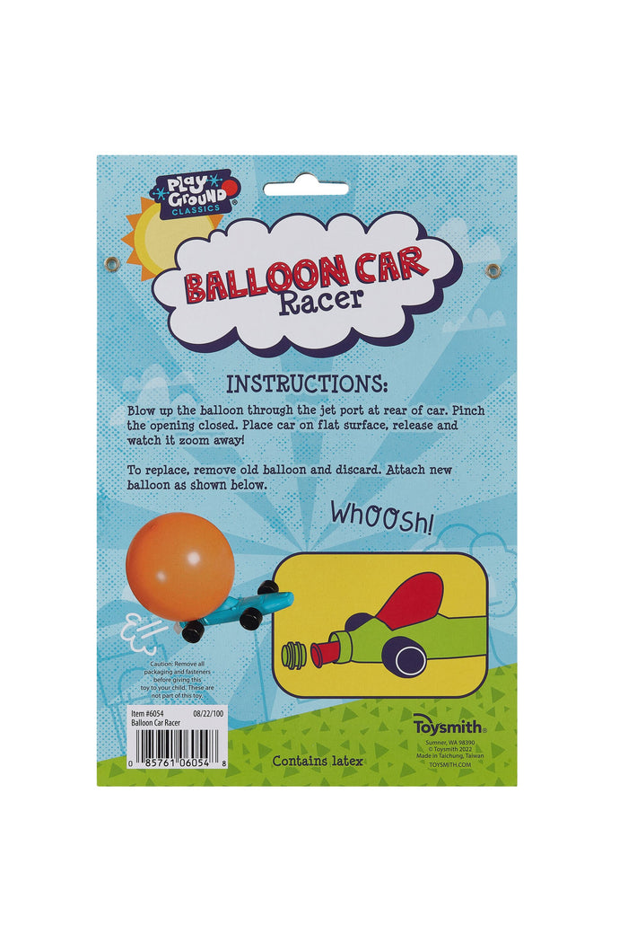 The Playground Classics Balloon Car Racer package features instructions, a playful illustration, and a photo of an orange balloon attached to the yellow racer, highlighting air-powered fun and motion. Brand: Playground Classics.