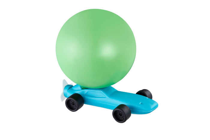 The Playground Classics Balloon Car Racer is a small blue plastic car with four black wheels and a large green balloon for air-powered motion. Fun for kids, this Playground Classics toy is shown against a plain white background.