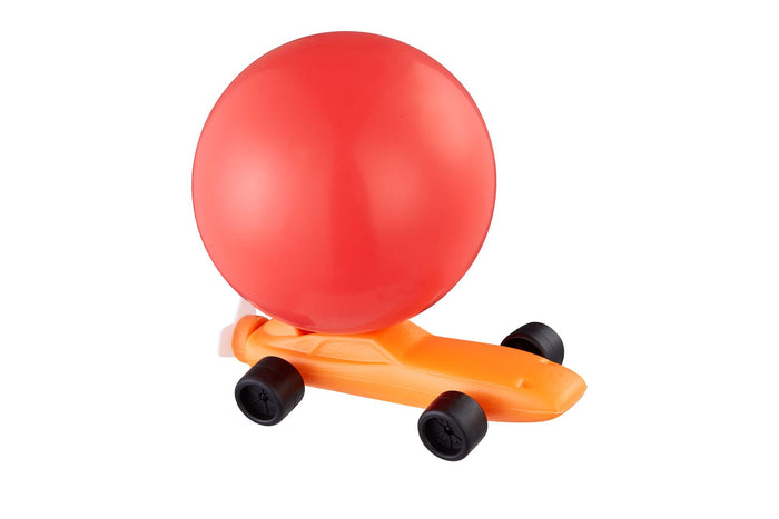 The Playground Classics Balloon Car Racer by Playground Classics features a large red balloon on its back, shown on a white background—ideal for demonstrating air-powered motion and sparking fun kids activities.
