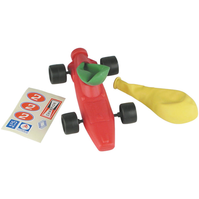 The Playground Classics Balloon Car Racer by Playground Classics includes a red plastic car with black wheels, a green balloon for air-powered play, an extra yellow balloon, and racing-themed stickers—ideal for kids’ fun activities.
