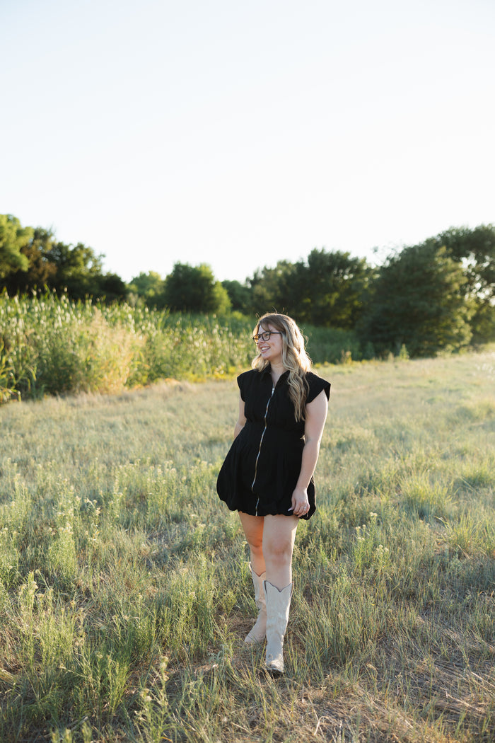 Pleated Front Zip Bubble Mini Dress