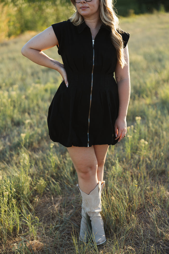 Pleated Front Zip Bubble Mini Dress