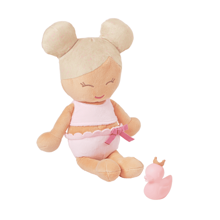 Plush Bath Doll with Blonde Hair and pink rubber ducky
