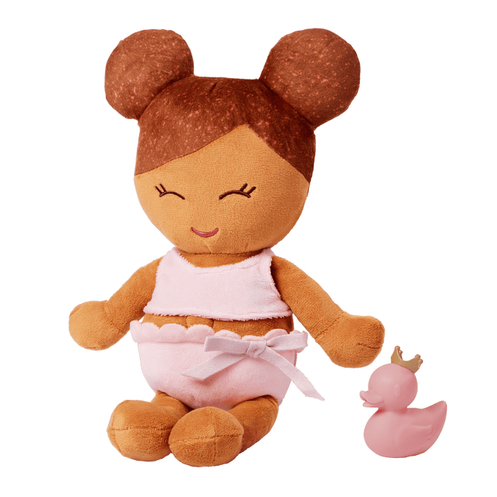 Plush Bath Doll - Medium Skin and Brown Hair - and a rubber ducky