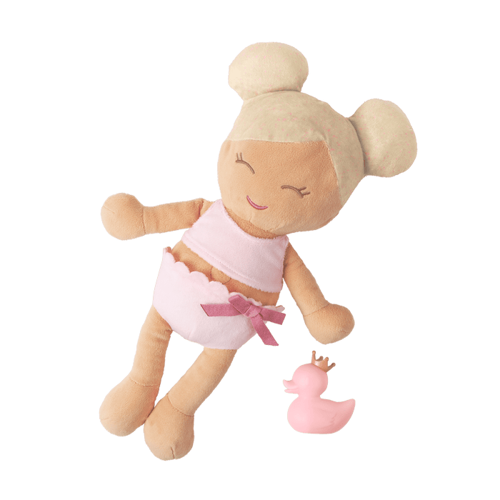 Plush Bath Doll with Blonde Hair and pink rubber ducky