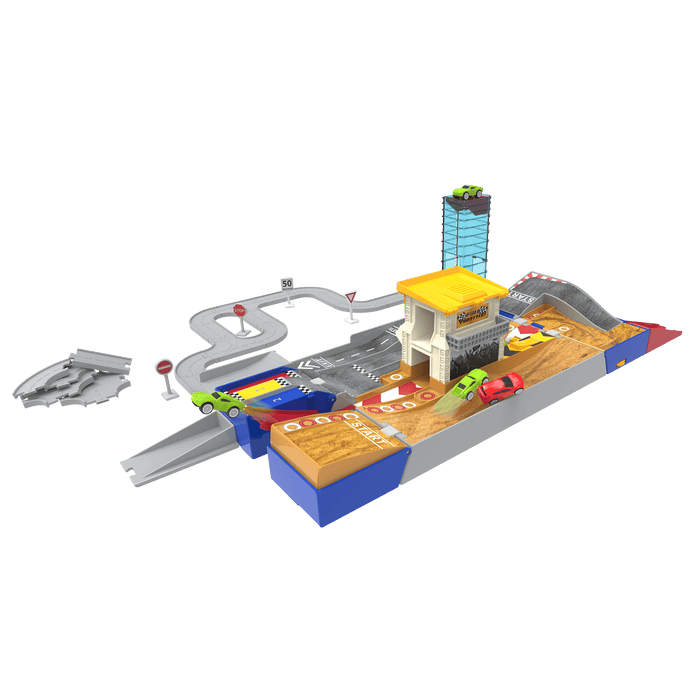 Race track playset with toy cars
