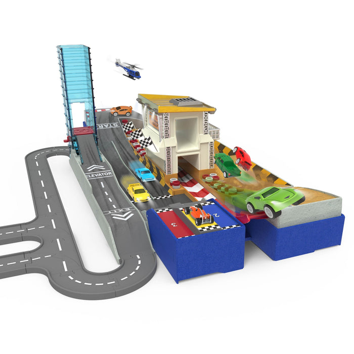 Race track playset with toy cars