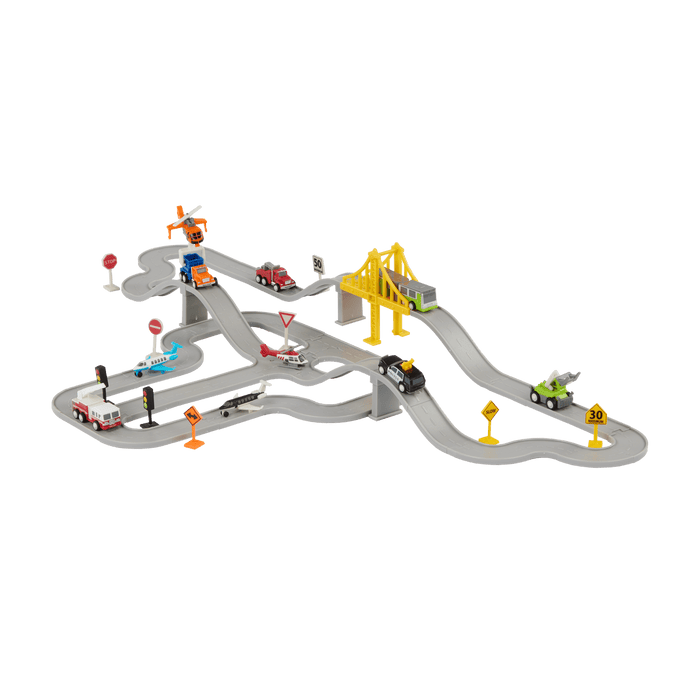 Toy car track with mini vehicles and accessories.