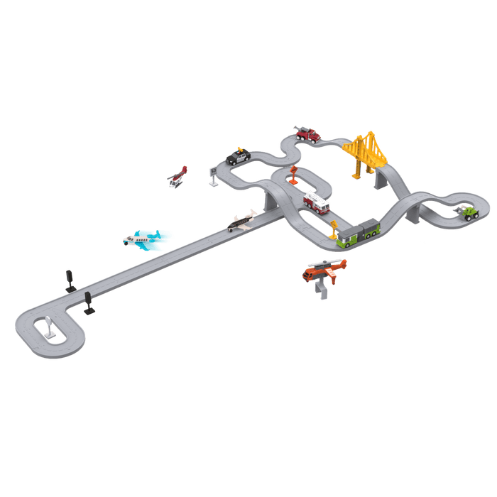 Toy car track with mini vehicles and accessories.