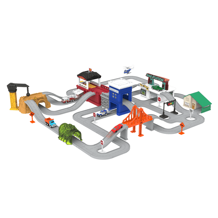 City-themed playset with toy vehicles