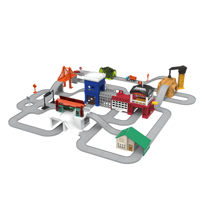 City-themed playset with toy vehicles