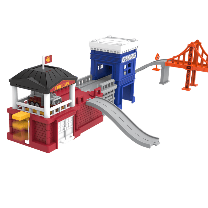 City-themed playset with toy vehicles