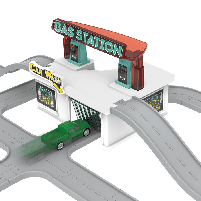 City-themed playset with toy vehicles