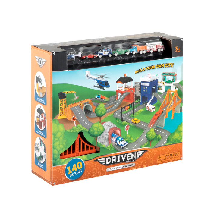 City-themed playset with toy vehicles
