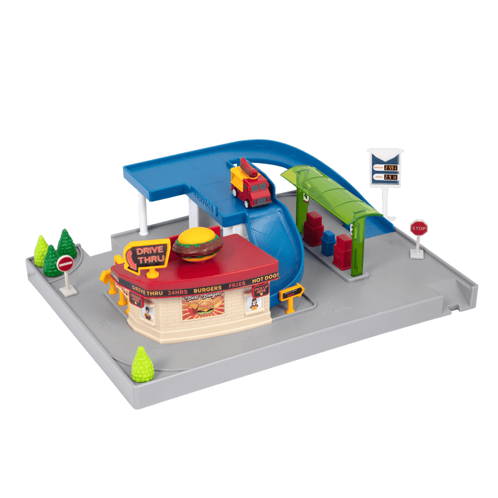 Mini Car Track Playset with Restaurant Drive Thru