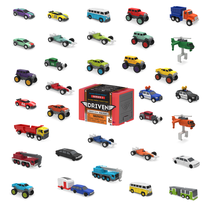 Surprise container with toy vehicles surrounding it.