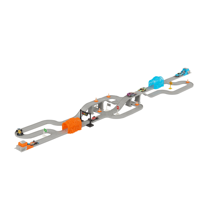 Toy car track with mini vehicles.